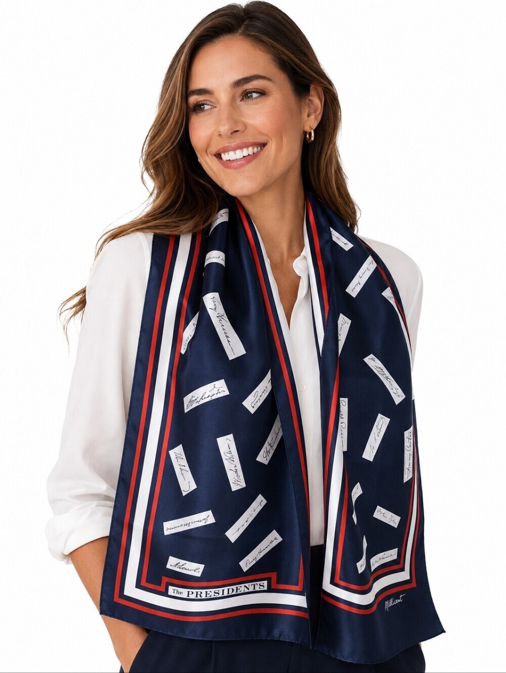 Vintage Millicent The Presidents Scarf Navy Red White Patriotic Signature Print